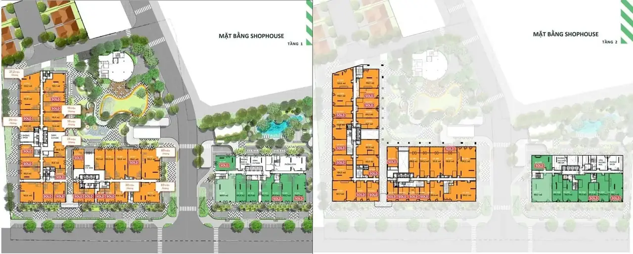 Mặt bằng shophouse Urban Green tầng 1 và tầng 2, có ghi căn đã bán và giá thuê tham khảo