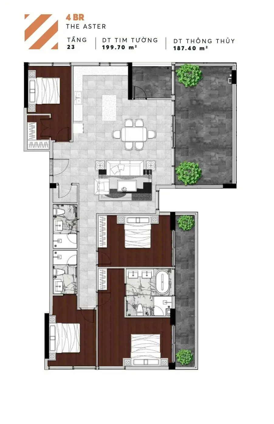 Layout căn 4PN tầng 23 tháp The Aster Urban Green 199,70 m²
