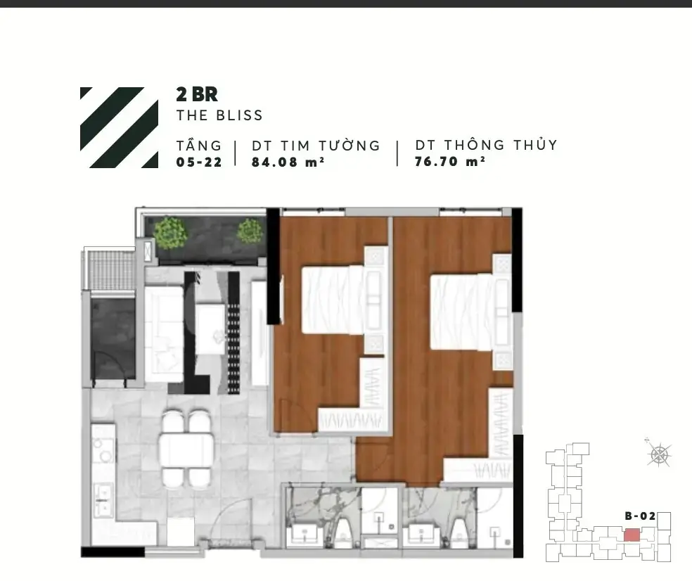 Layout căn 2PN B02 tháp The Bliss Urban Green 84,08 m²