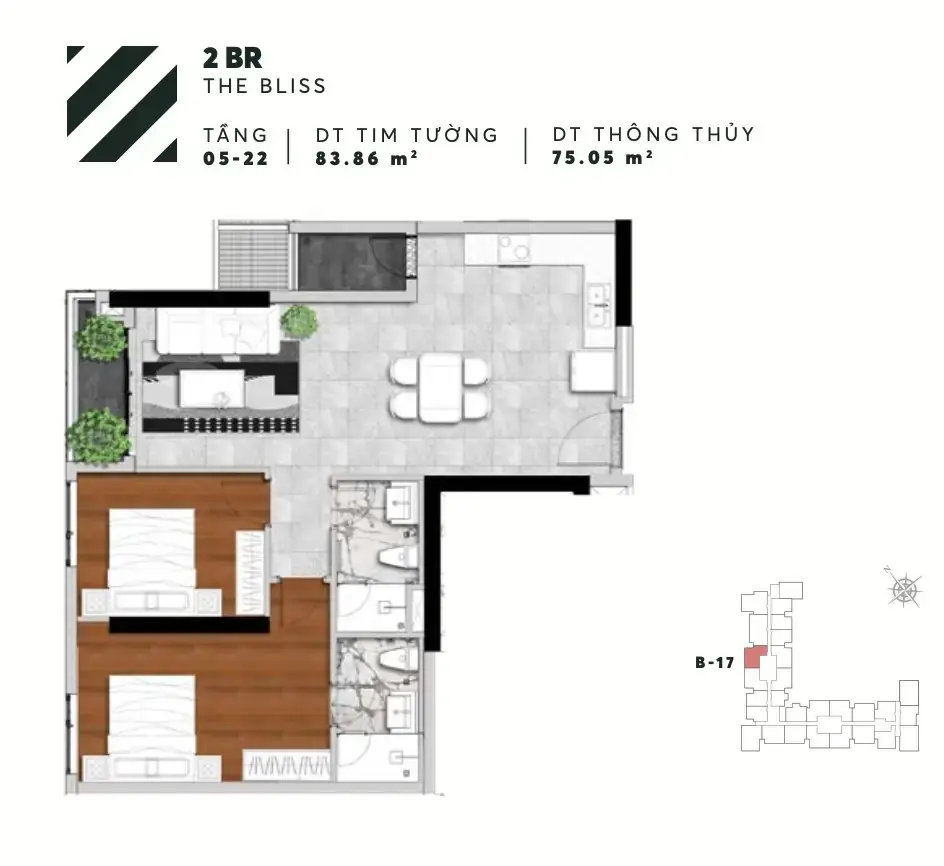 Layout căn 2PN B17 tháp The Bliss Urban Green 83,86 m²