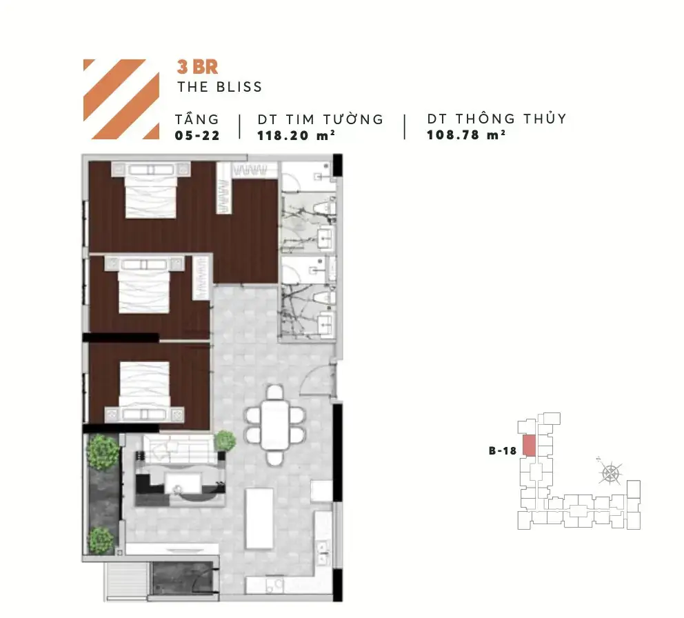 Layout căn 3PN B18 tháp The Bliss Urban Green 118,20 m²
