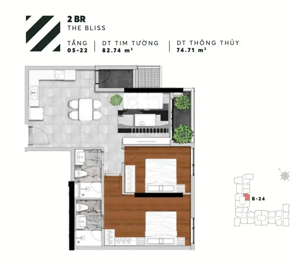 Layout căn 2PN B24 tháp The Bliss Urban Green 82,74 m²