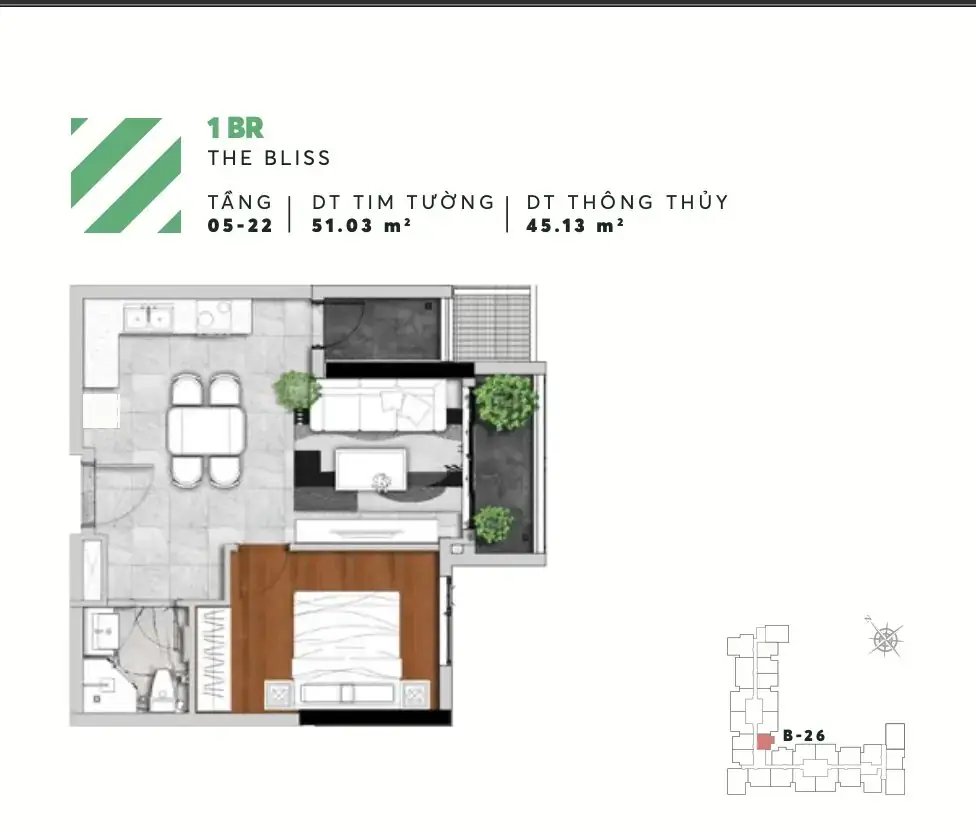 Layout căn 1PN B26 tháp The Bliss Urban Green 51,03 m²