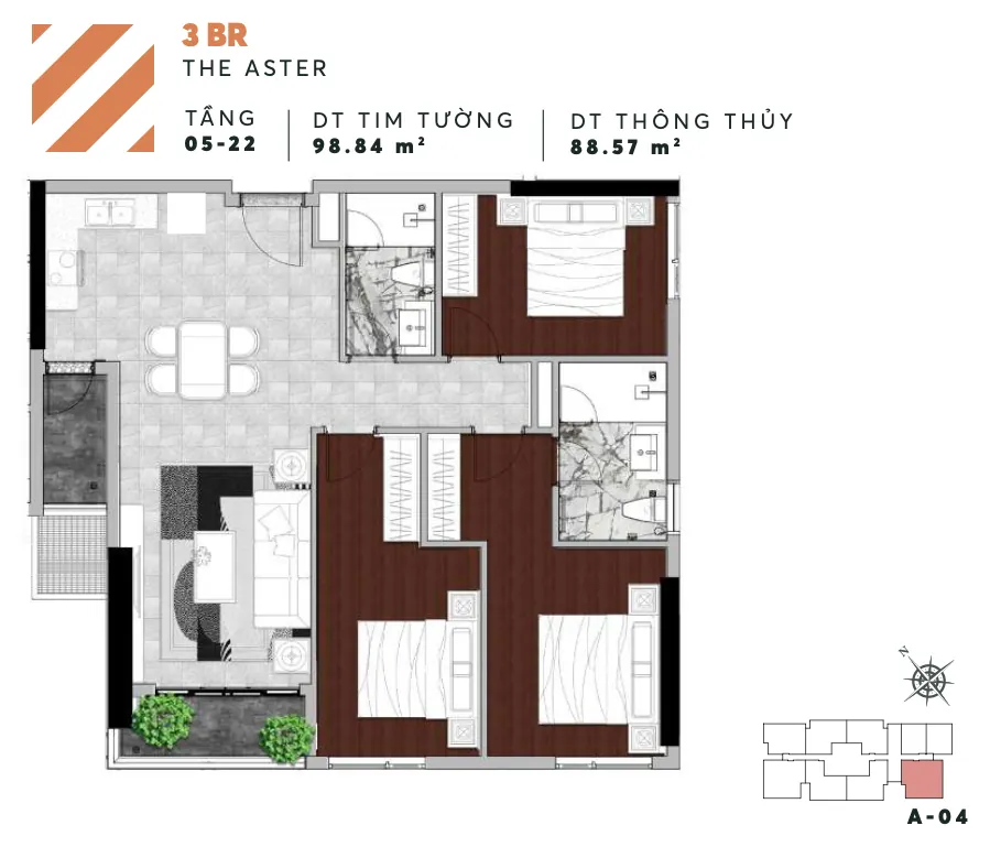 Layout căn A04 3PN tháp Aster Urban Green