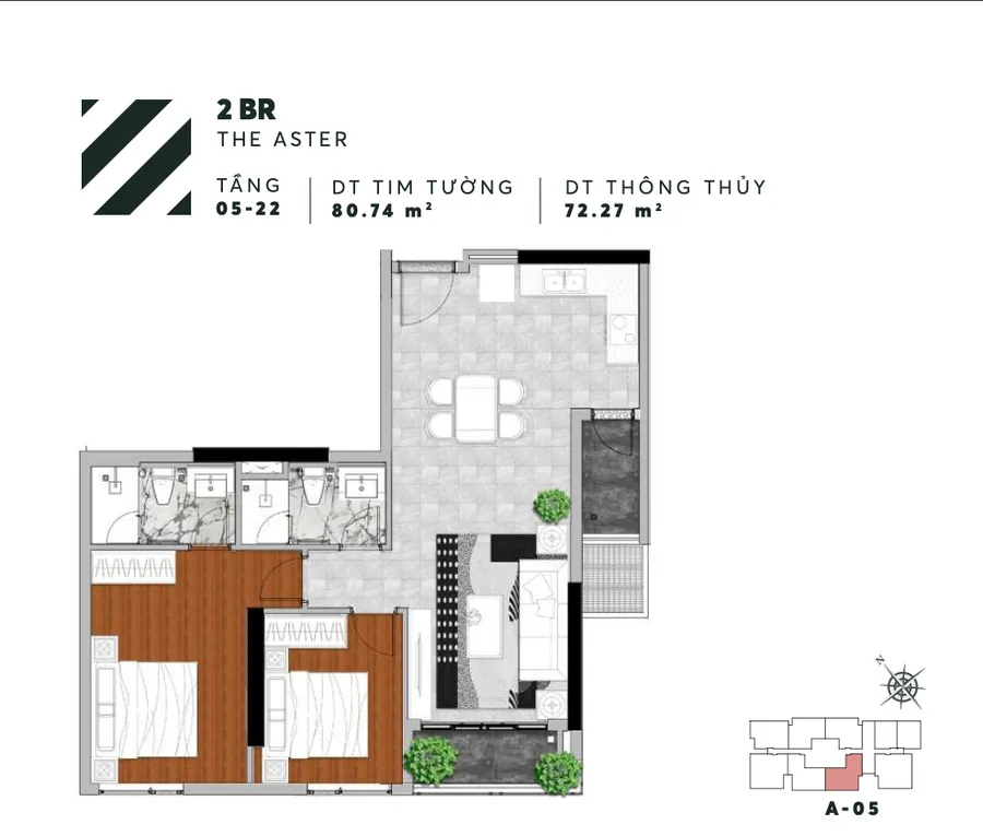 Layout căn A05 2PN tháp Aster Urban Green