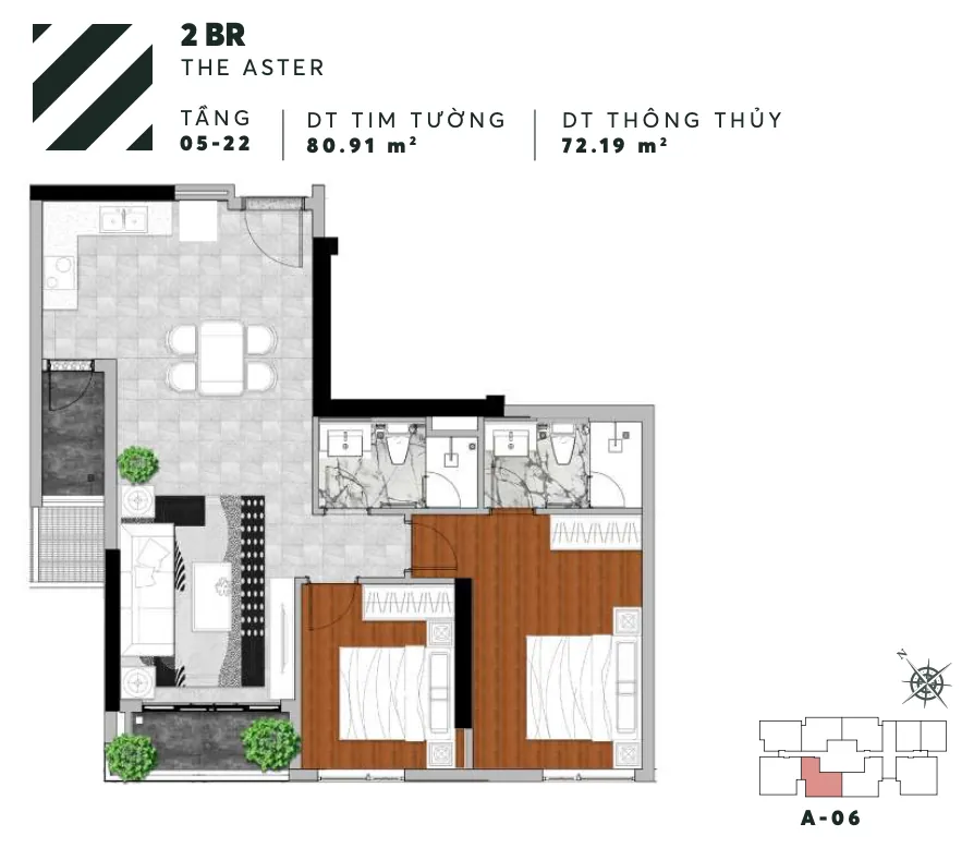 Layout căn A06 2PN tháp Aster Urban Green
