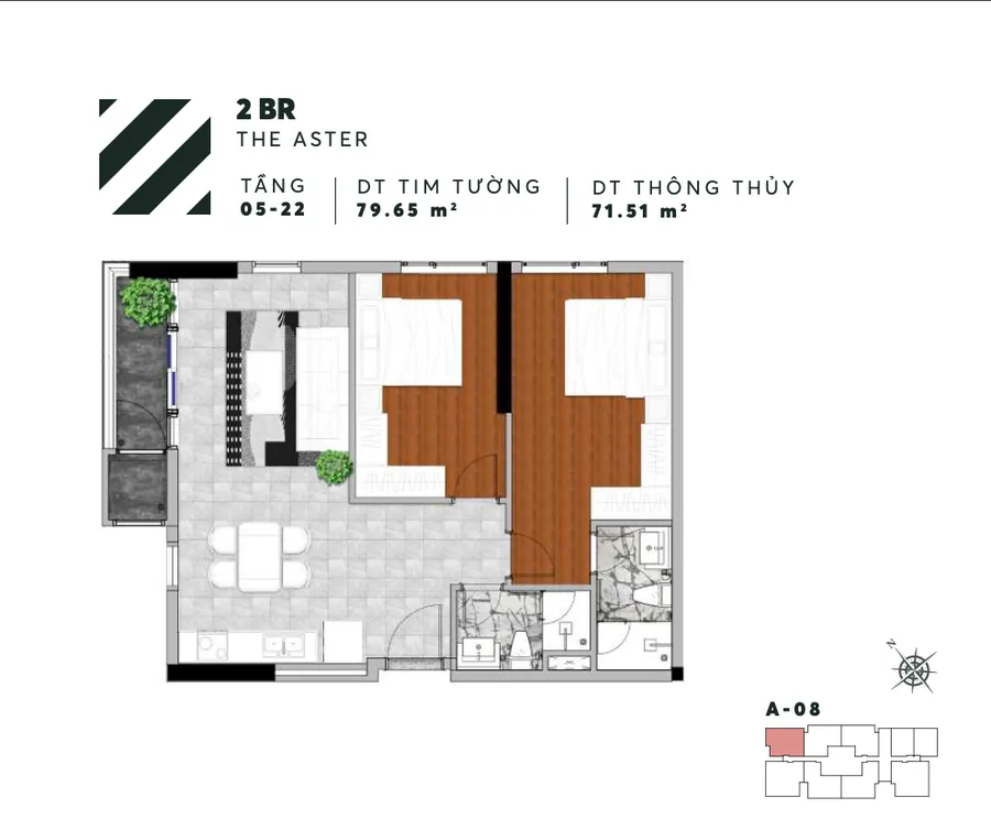 Layout căn A08 2PN tháp Aster Urban Green