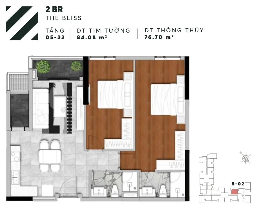 Layout căn B02 2PN tháp Bliss Urban Green