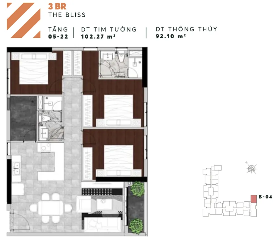 Layout căn B04 3PN tháp Bliss Urban Green