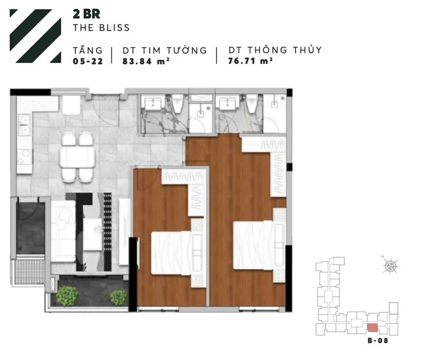 Layout căn B08 2PN tháp Bliss Urban Green
