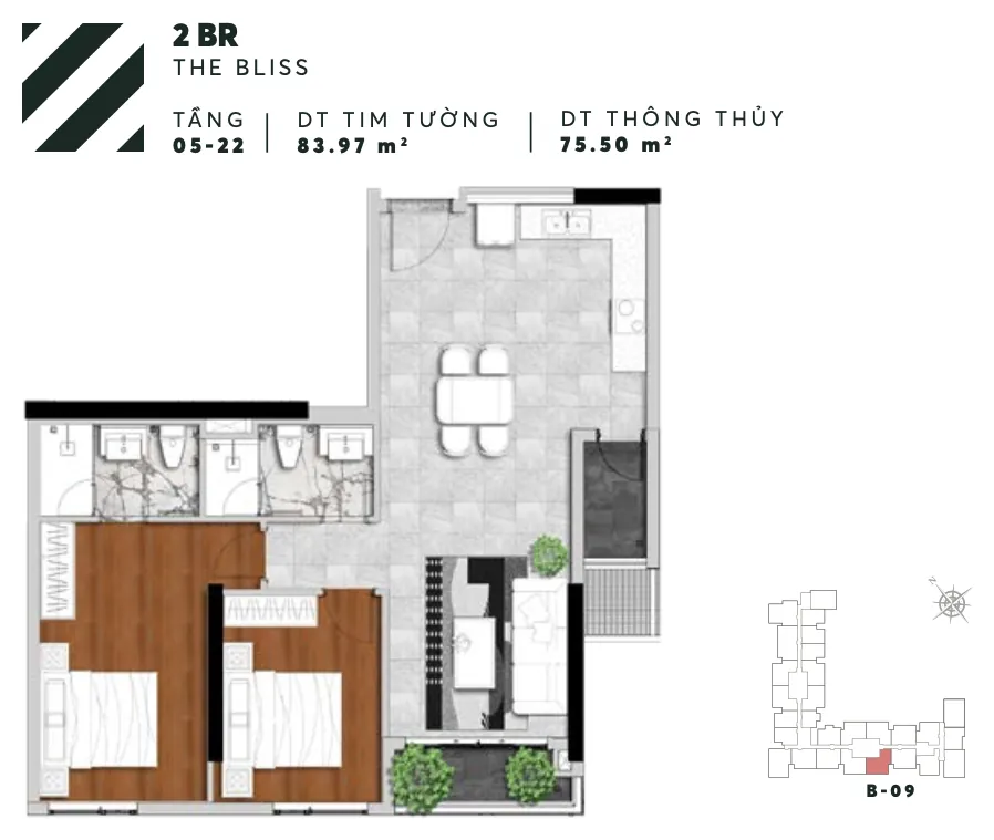 Layout căn B09 2PN tháp Bliss Urban Green
