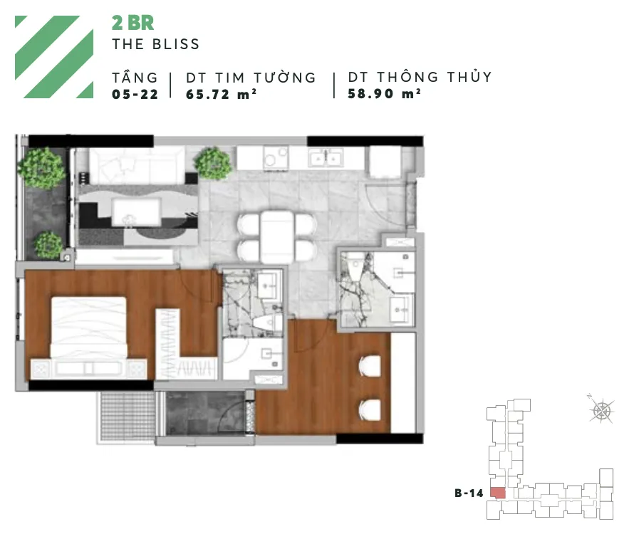 Layout căn B14 2PN tháp Bliss Urban Green