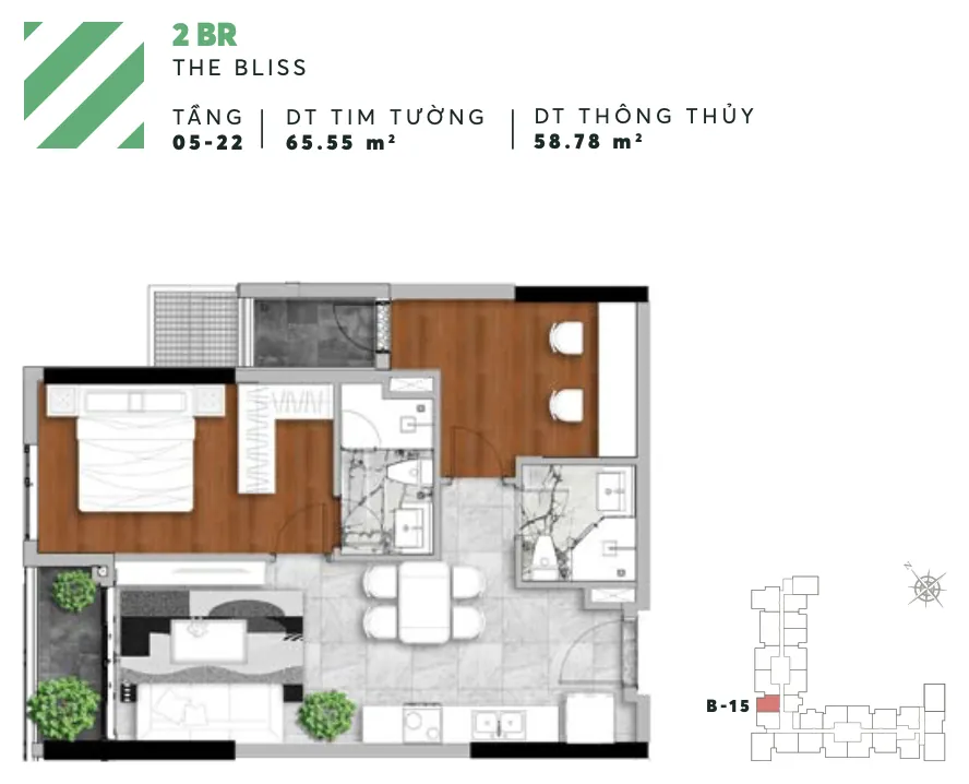 Layout căn B15 2PN tháp Bliss Urban Green
