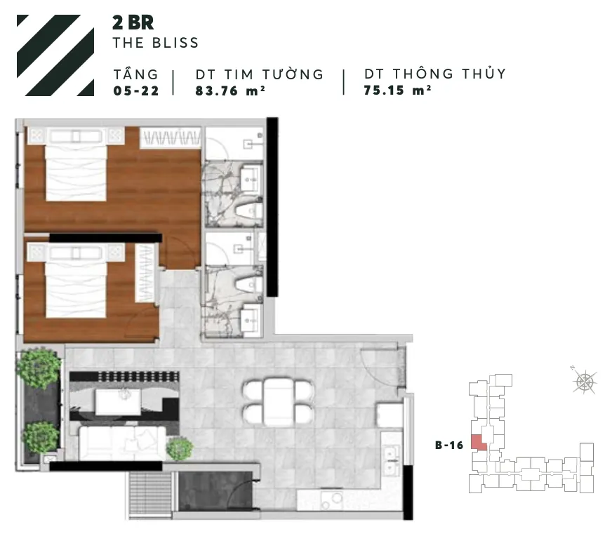Layout căn B16 2PN tháp Bliss Urban Green