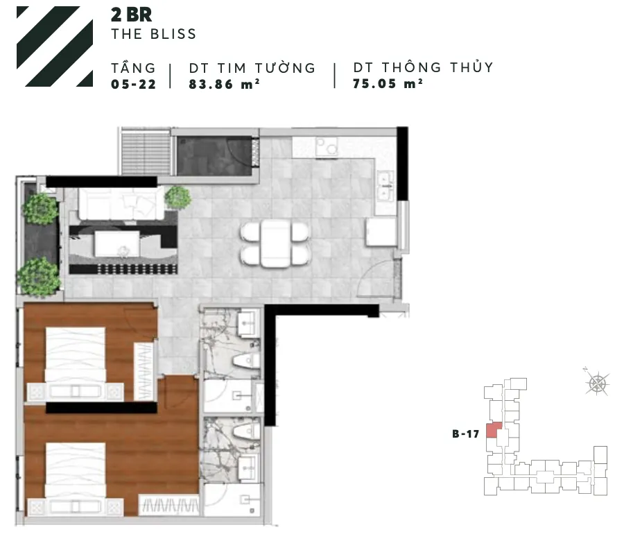 Layout căn B17 2PN tháp Bliss Urban Green
