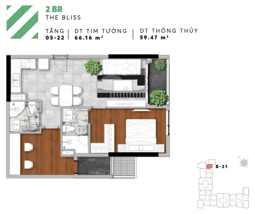 Layout căn B21 2PN tháp Bliss Urban Green