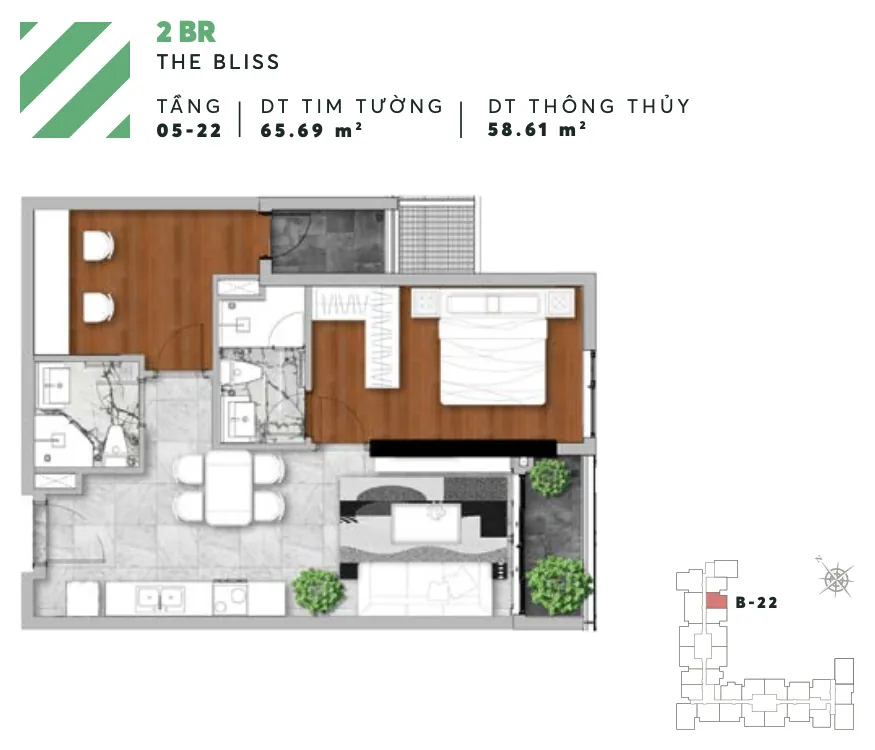 Layout căn B22 2PN tháp Bliss Urban Green