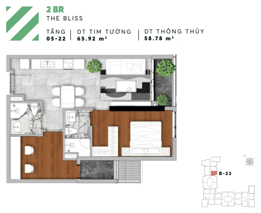 Layout căn B23 2PN tháp Bliss Urban Green