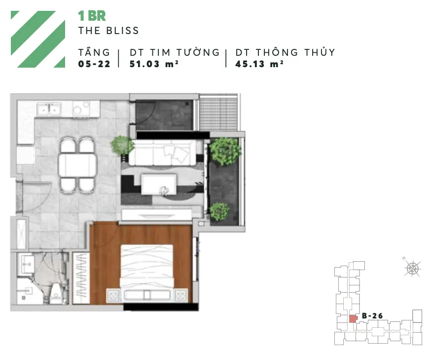 Layout căn B26 1PN tháp Bliss Urban Green