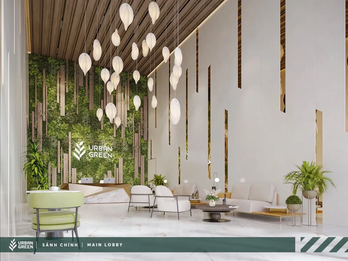 Sảnh chính với tường cây xanh và đèn thả