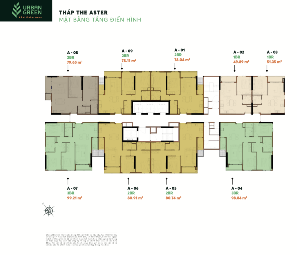 mặt bằng tháp Aster có 9 căn 4 thang máy. Urban Green 